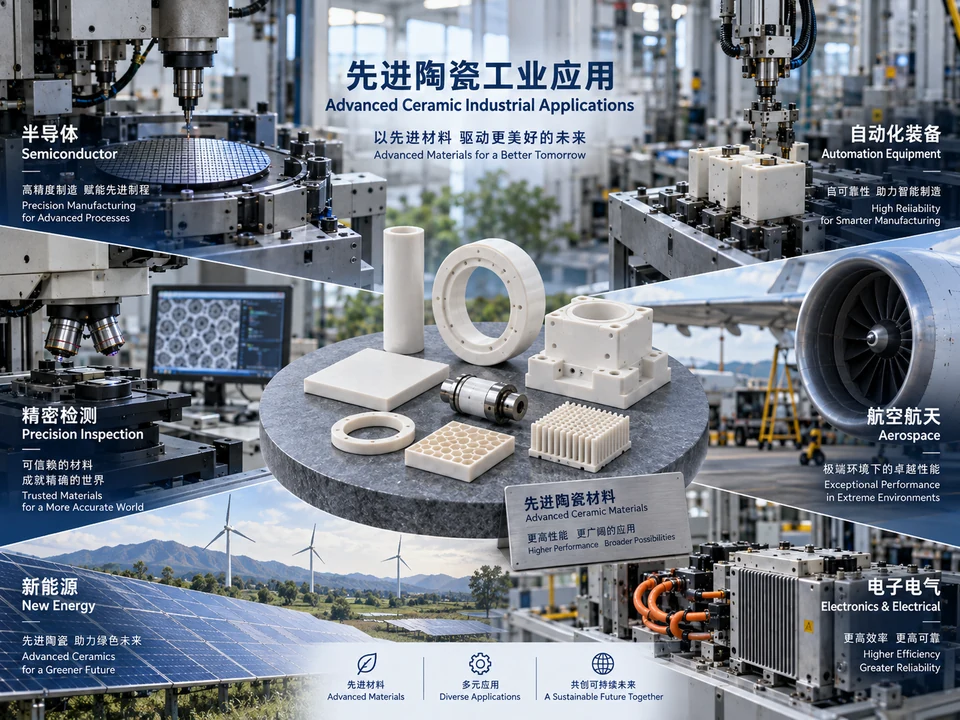 中英双语先进陶瓷工业应用示意：半导体、自动化、检测、航空航天、新能源和电子电气