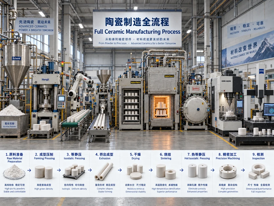 中英双语陶瓷原料、成型、干燥、烧结、加工与检测流程示意